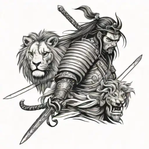 samurai warrior and sword and lion head  tattoo design idea