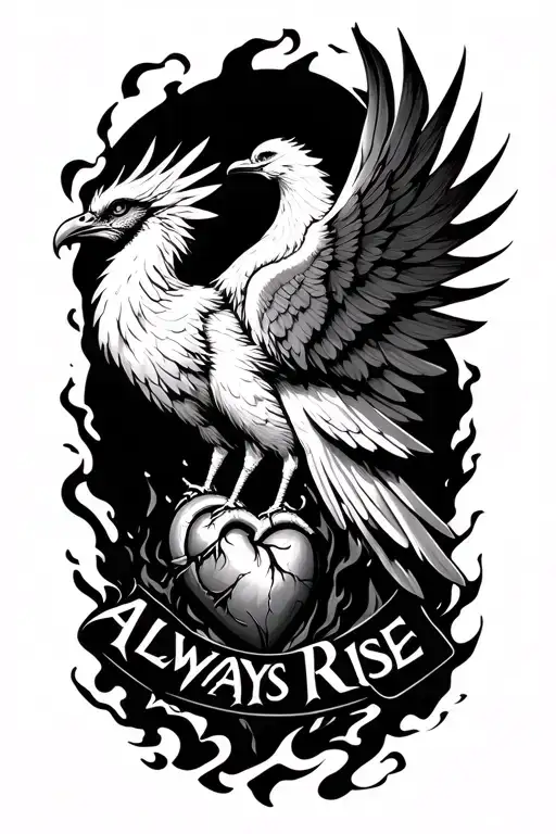 masculine image of a phoenix rising from the ashes with an exposed heart and the latin text for always rise tattoo design idea