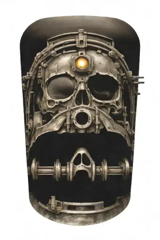 railroad train tracks going into the distance with skulls and harley davidson engine parts tattoo design idea