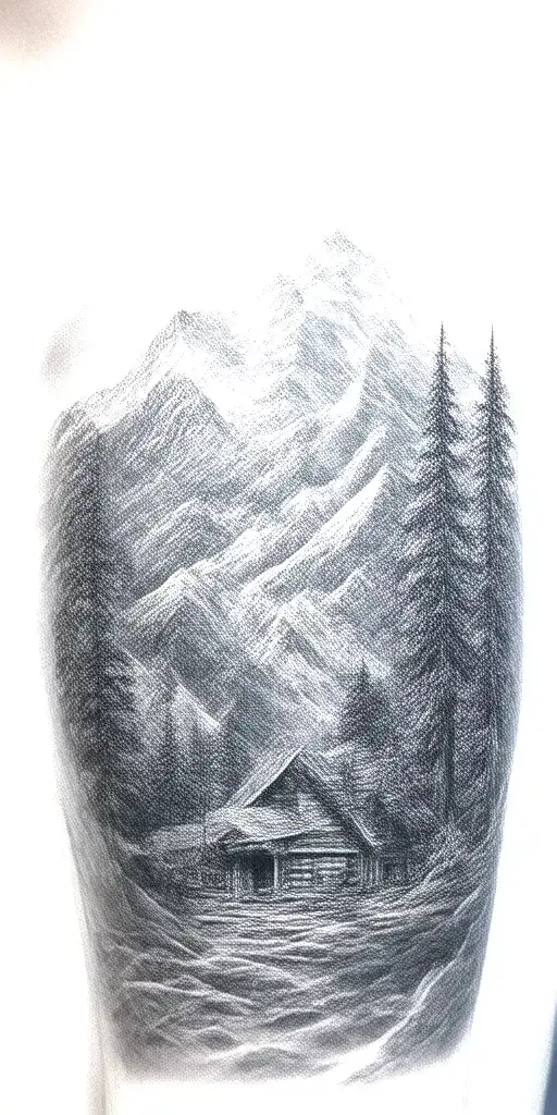 A detailed black and grey tattoo of majestic mountain landscape with a hidden log cabin in the scenery tattoo design idea