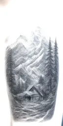 A detailed black and grey tattoo of majestic mountain landscape with a hidden log cabin in the scenery tattoo design idea
