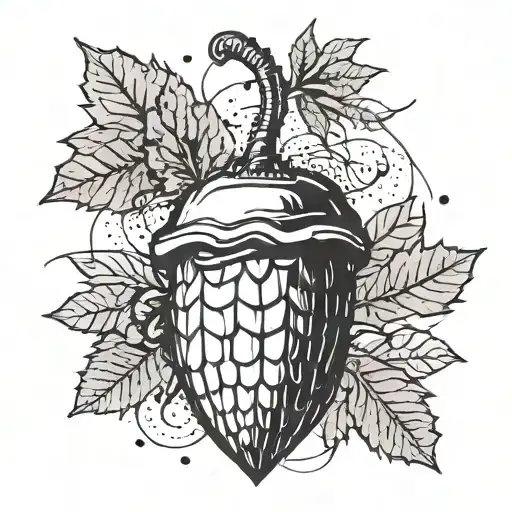 Punk look, black-and-white acorn, fine line minimalist, alternative grunge tattoo design idea