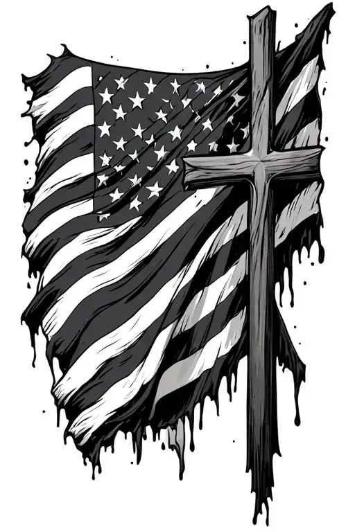 Ripped american flag with cross infront of it  tattoo design idea