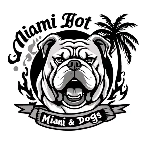 "Miami Hot Dogs" bulldog face and fire and palm tree tattoo design idea