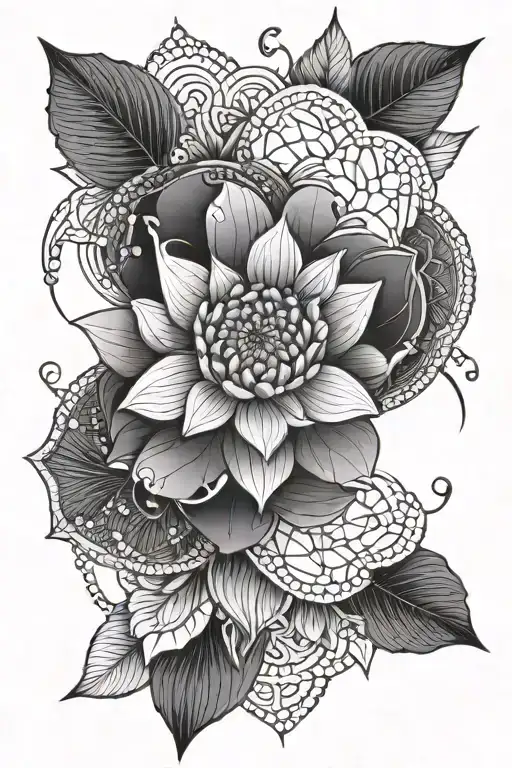 geometric mandala with lotus flower, leaves and dot work tattoo design idea