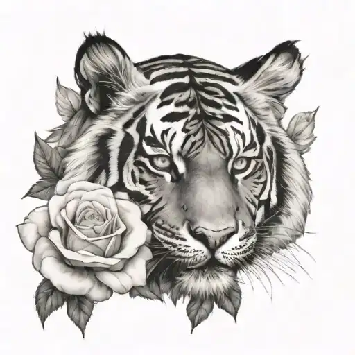 a tiger in roses blooming tattoo design idea