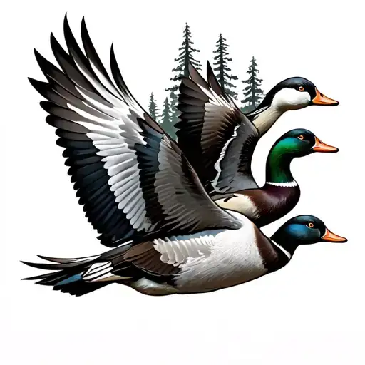 flying ducks with cedar trees tattoo design idea