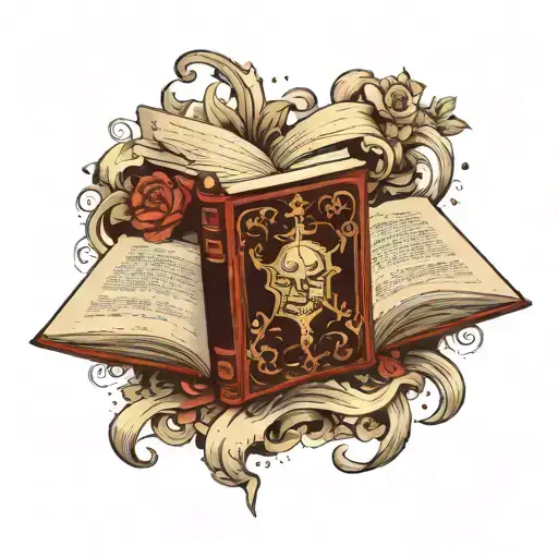 book with pages opening, around it and with it elements of gothic and fantasy novels. tattoo design idea