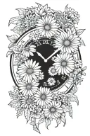 clock showing time 9:23 surrounded by daises  tattoo design idea