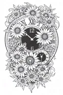 clock showing time 9:23 surrounded by daises  tattoo design idea