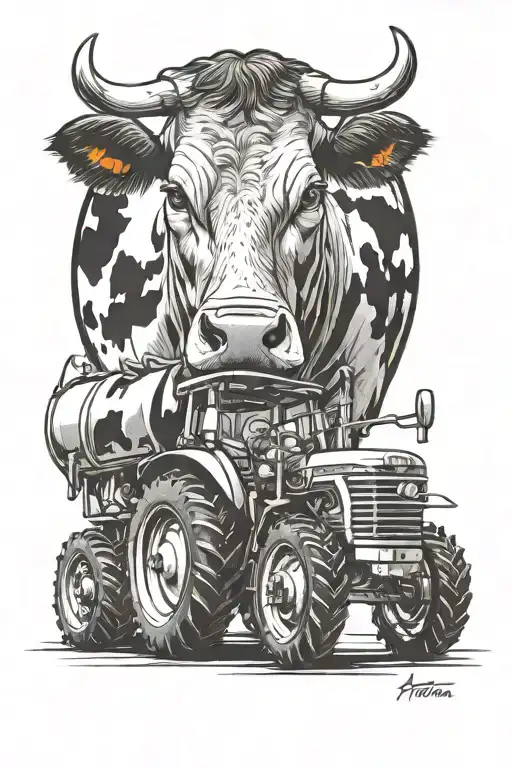 farmer cow and tractor, energy floating tattoo design idea