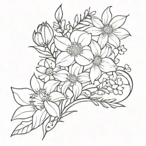 chrysanthemum, larkspur, and daffodil bouquet wrapped tattoo design idea