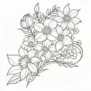 chrysanthemum, larkspur, and daffodil bouquet wrapped tattoo design idea
