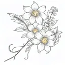 chrysanthemum, larkspur, and daffodil bouquet wrapped tattoo design idea