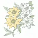chrysanthemum, larkspur, and daffodil bouquet wrapped tattoo design idea