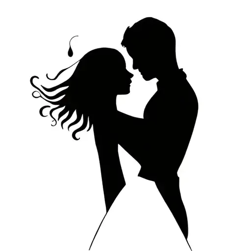 A silhouette of a couple dancing, very minimal, with a tiny teardrop as a subtle emotional accent tattoo design idea