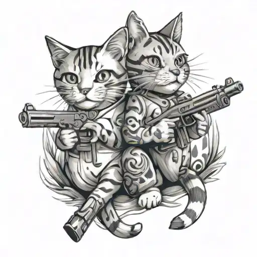 cute cats with gun tattoo design idea