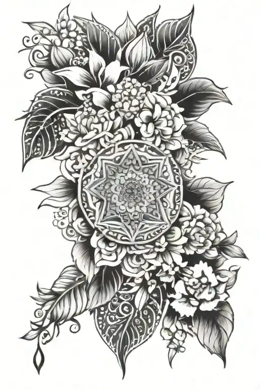 Mandala along with flowers interwined with leo star sign. Tell a story on how i did it all alone and to stay strong. tattoo design idea