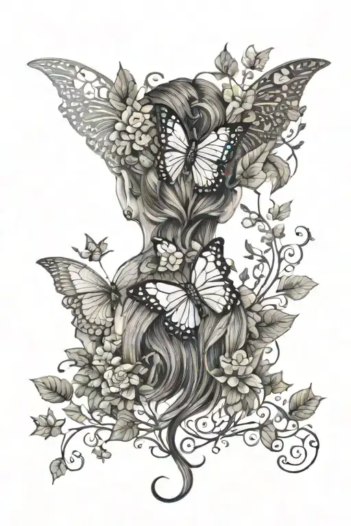 A detailed, but simple feminine upper back tattoo with a butterfly, dragon, and thorned, flowering vines tattoo design idea