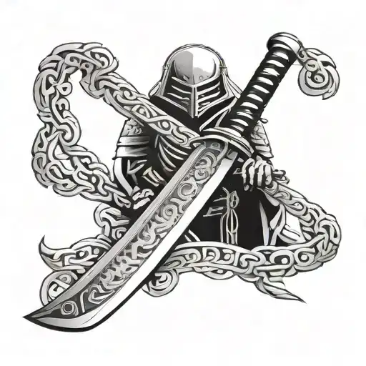 Katana with hieroglyphs incorporated within tattoo design idea