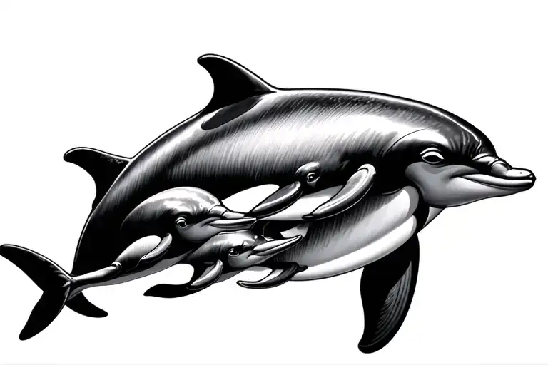 dolphin and 3 baby dolphins swimming in the ocean tattoo design idea