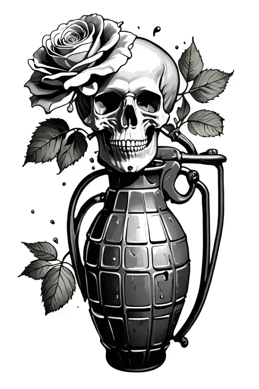 skull inside of a rose coming out of a grenade shaped like a flower vase and a real heart tattoo design idea