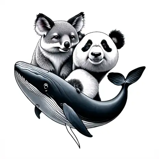 a whale, a fox, a koala, a panda and a bear in harmony tattoo design idea