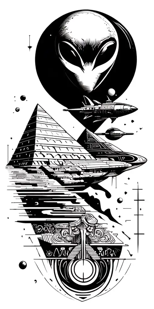 universe with alien ship, egyptian symbols with great pyramid, science and math tattoo design idea