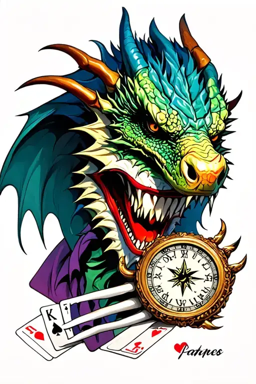 Dragon with claws, joker mask with clock, poker cards as, north compass tattoo design idea
