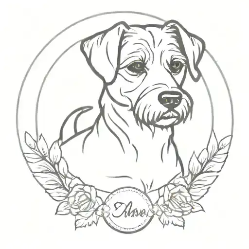 Create a round minimalistic tattoo for a dog memorial with the name Mocha and an outline of a Schnoodle breed dog head tattoo design idea