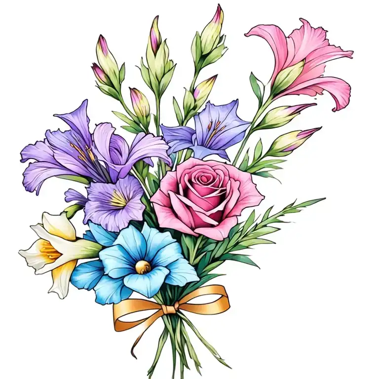 gladiolus, daffodil, rose, sweet pea birth flower bouquet tied with thin bow. I like colors: blues, pinks, purples, cyan tattoo design idea