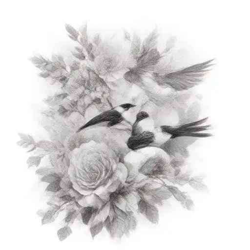 2 magpies flying roses growing tattoo design idea