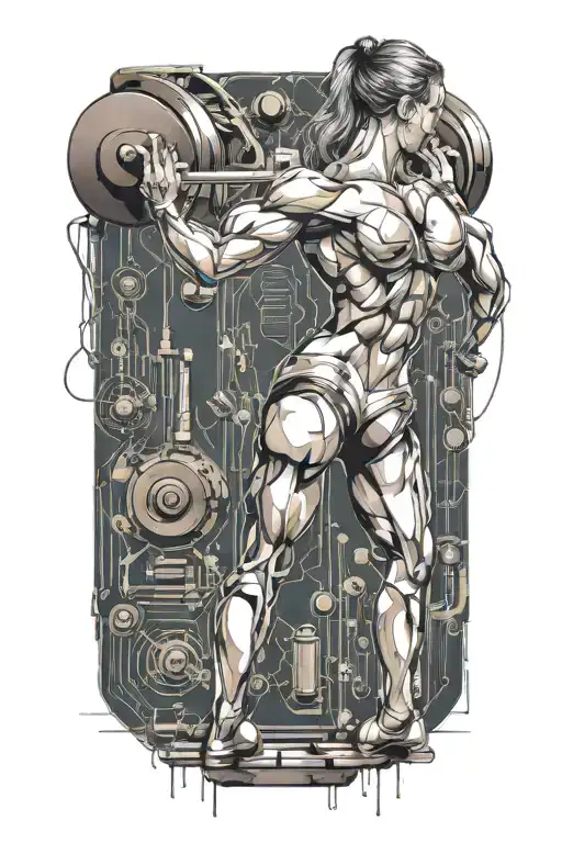 aesthetic bodybuilder muscular women lifting weight with technology circuits vectors board merging tattoo design idea