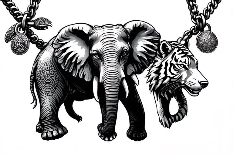 bracelet with the charms of an elephant, tiger turtle and a wolf tattoo design idea