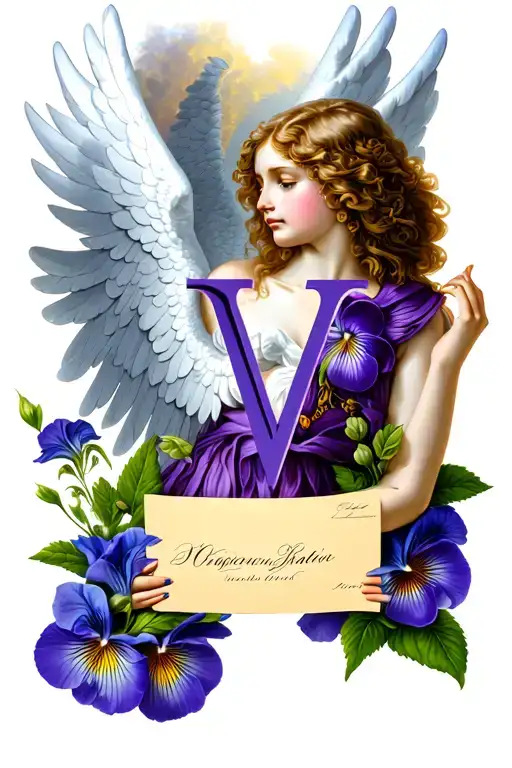 A Fallen Angel Holding the letter V with Viola flowers surronding the angel tattoo design idea