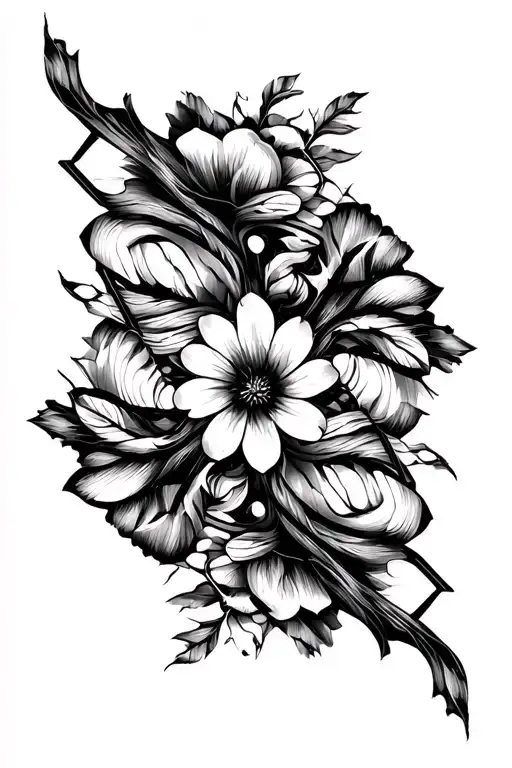 I wanted a solid black tattoo with the theme 'Structural Growth'. The elements can be flowers or wood, but they are not embodied, but more like a naturally growing fractal structure or organic architecture. The overall feeling needs to be upwardly extending and architectural, with clean lines and full of modernist design. The goal is to embody an inner and orderly vitality. tattoo design idea