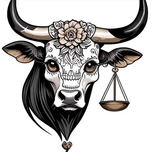 feminine bull with sugar skull markings, brown eyes and Libra scales on both ears  tattoo design idea
