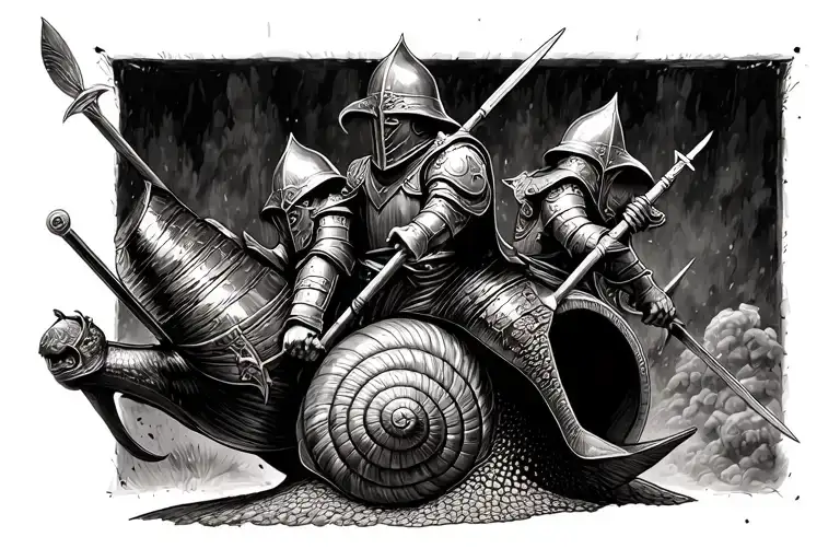 90s dark fantasy snail jousting tournament with knights tattoo design idea