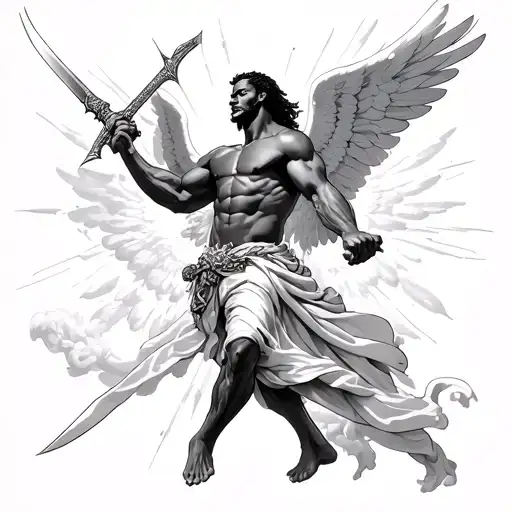 African American male version of Michael the  arch angel defeating Lucifer hold sword towards the sky tattoo design idea