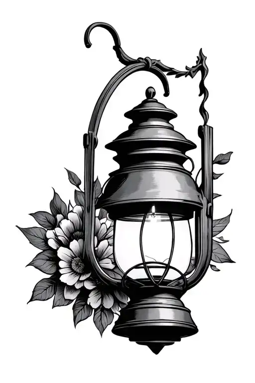 design a black and gray tattoo that looks like an old fashioned hand held lantern that is more ornate like a sconce.  tattoo design idea