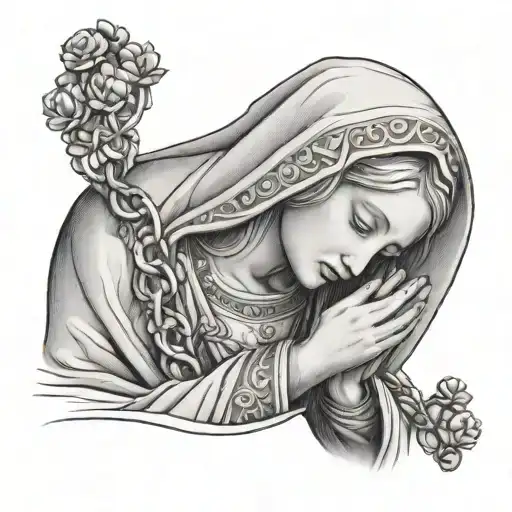virgin mary praying with rosary in hand holding tattoo design idea