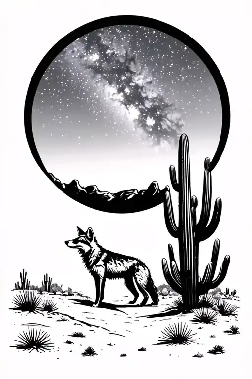 desert at night time, a coyote padding along not howling. cactus in bloom, Milky Way accented curbing above the desert tattoo design idea