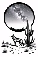 desert at night time, a coyote padding along not howling. cactus in bloom, Milky Way accented curbing above the desert tattoo design idea