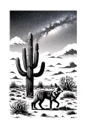 desert at night time, a coyote padding along not howling. cactus in bloom, Milky Way accented curbing above the desert tattoo design idea
