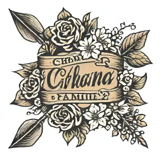cursive ohana means family in between a arrow going wrapped with flowers tattoo design idea