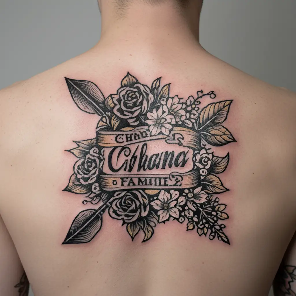 cursive ohana means family in between a arrow going wrapped with flowers tattoo design idea