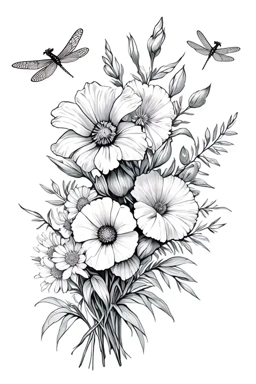 gladiolus,poppy,aster,morning glory,rose,honeysuckle,daisy & sweet pea flower bouquet with 4 dragonflys hovering  tattoo design idea