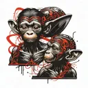 Two little Bonobos in tribal tattoo form a ying and yong. Fine line. Lovers. Smiling. Male and female. Inverted. Black tattoo design idea