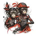 Two little Bonobos in tribal tattoo form a ying and yong. Fine line. Lovers. Smiling. Male and female. Inverted. Black tattoo design idea