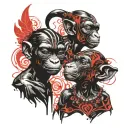 Two little Bonobos in tribal tattoo form a ying and yong. Fine line. Lovers. Smiling. Male and female. Inverted. Black tattoo design idea